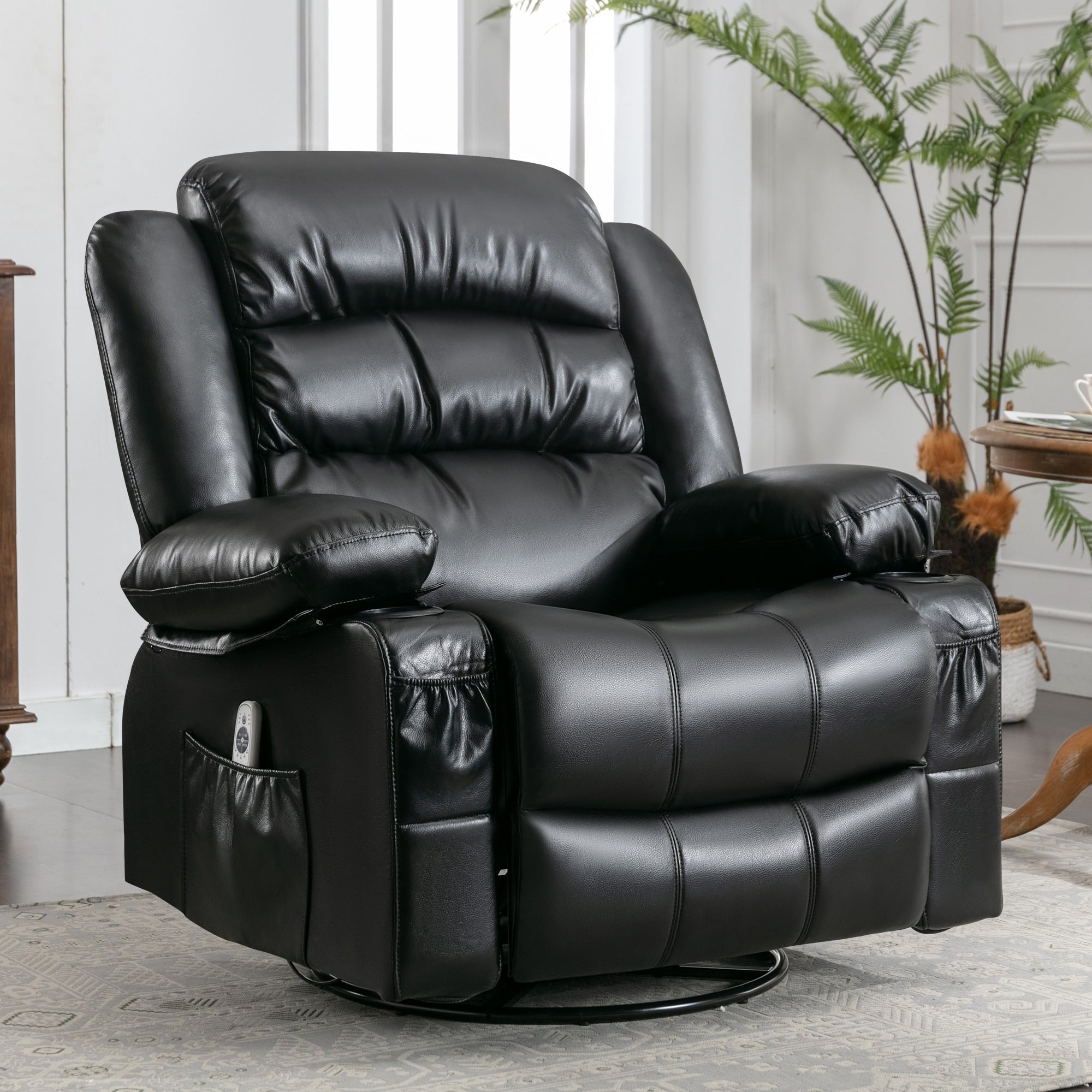 Fauteuil inclinable pivotant noir avec chauffage, massage et ports USB