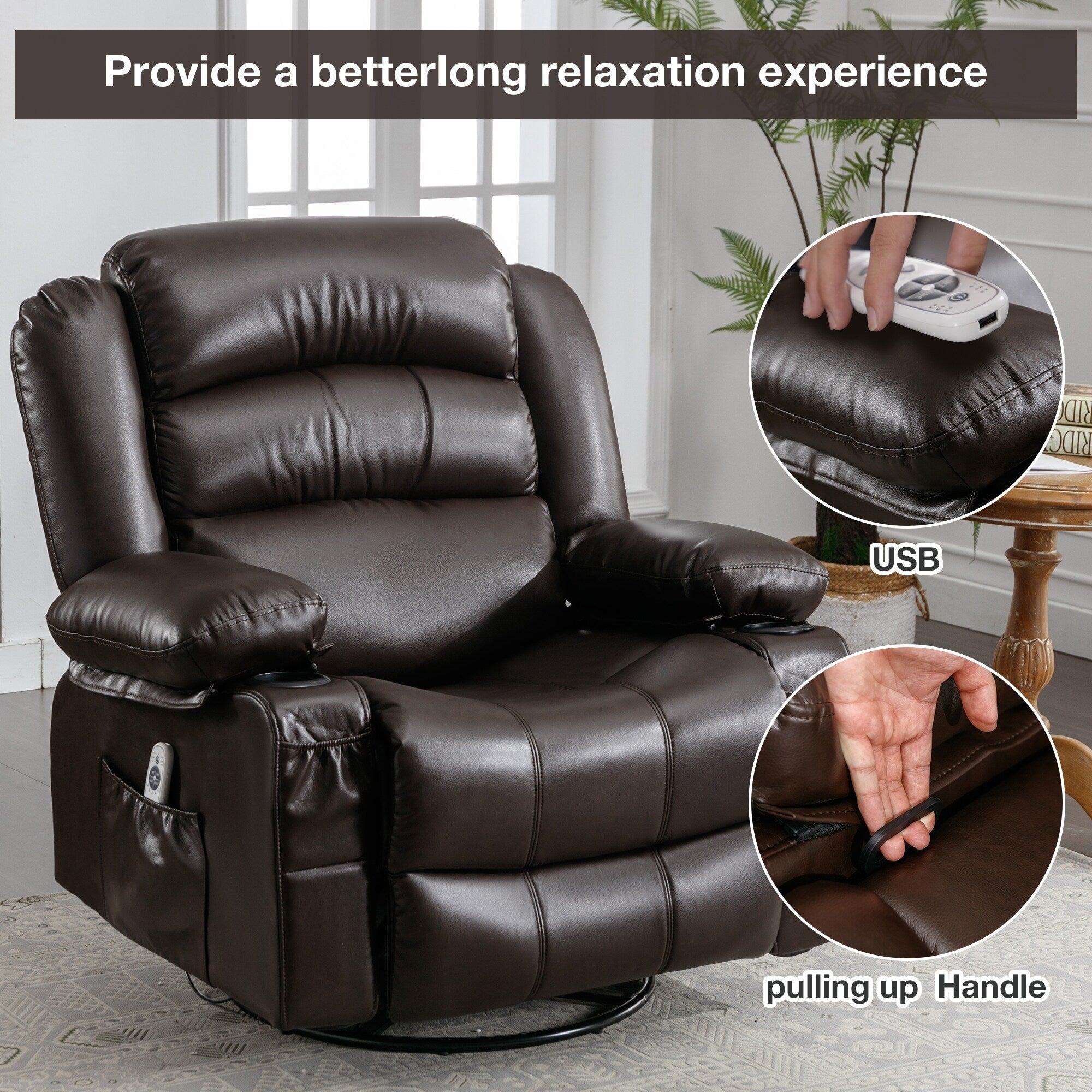 Fauteuil inclinable pivotant noir avec chauffage, massage et ports USB