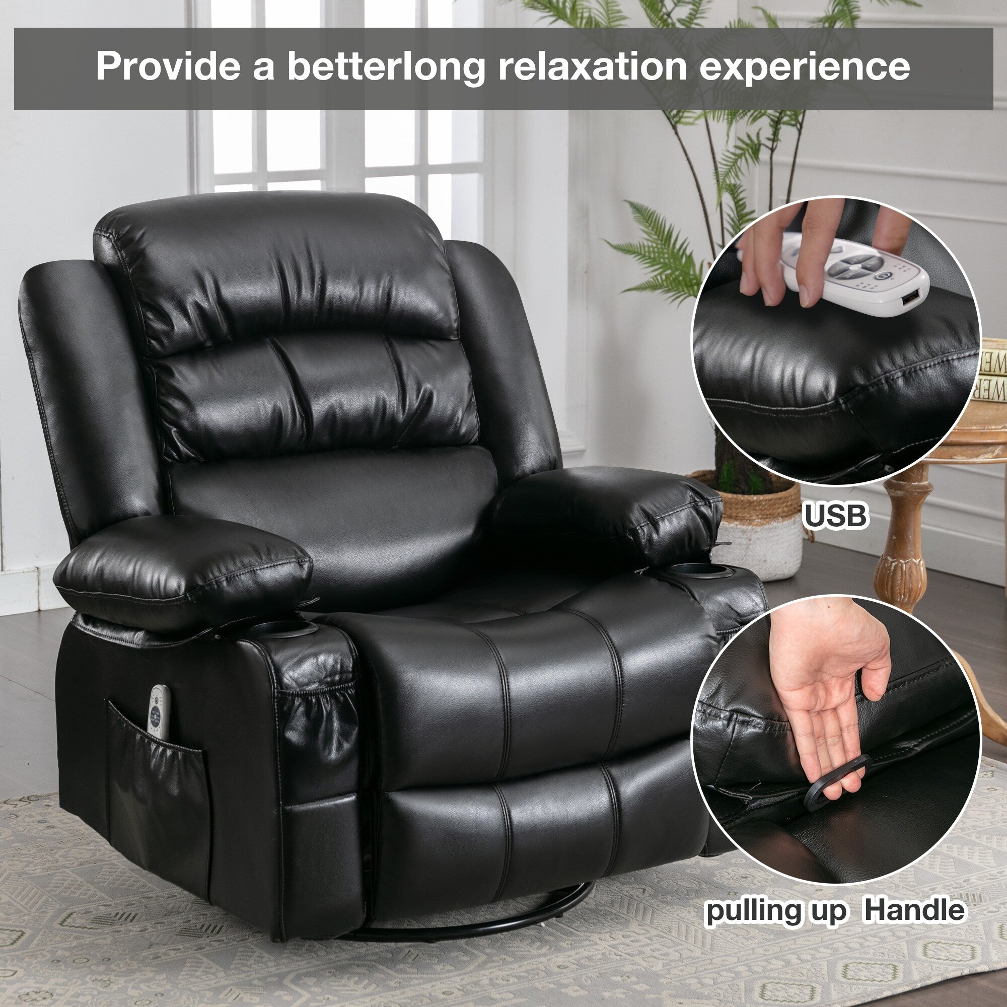 Fauteuil inclinable pivotant noir avec chauffage, massage et ports USB