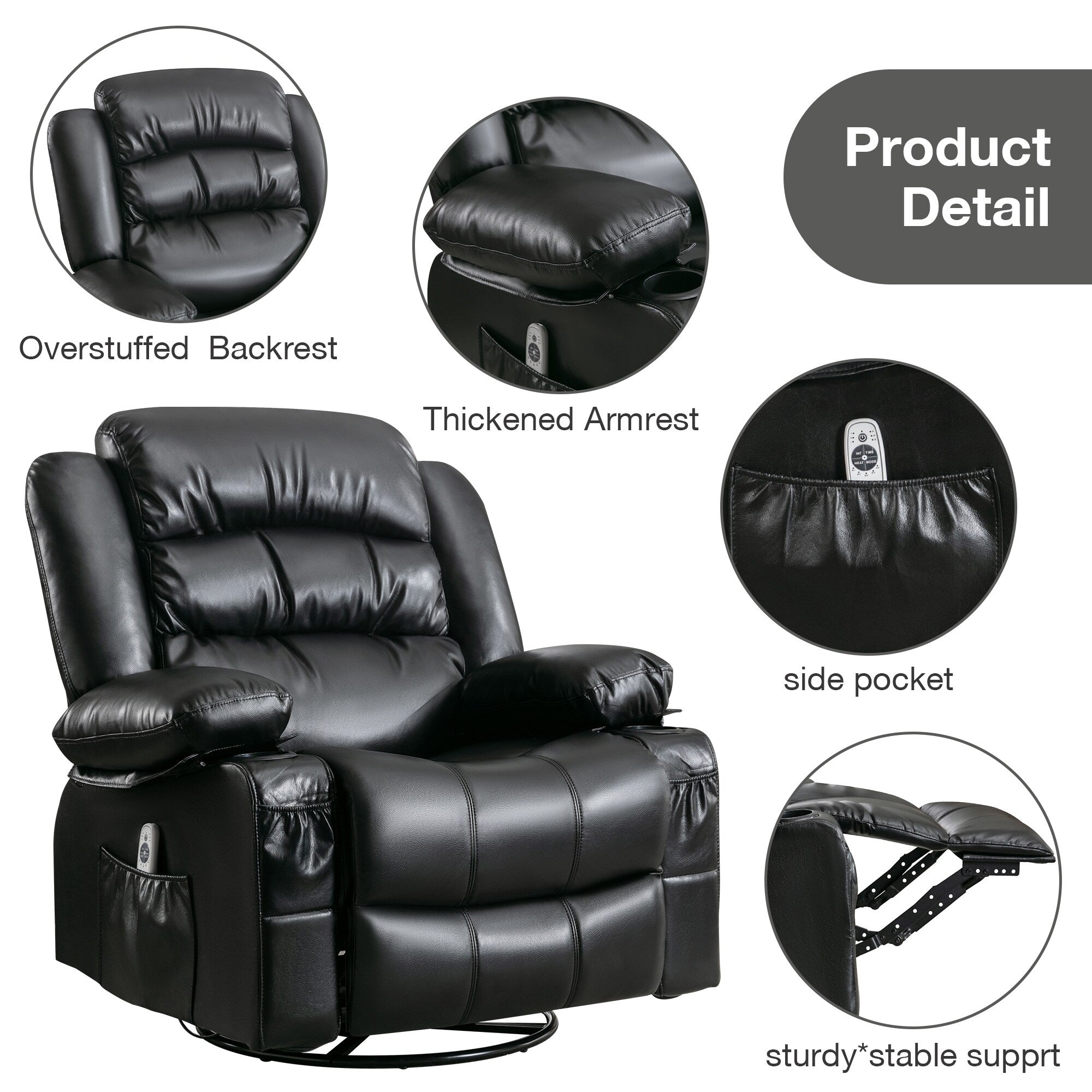 Fauteuil inclinable pivotant noir avec massage par vibration, chauffage, rotation à 360°, poche latérale et porte-gobelets