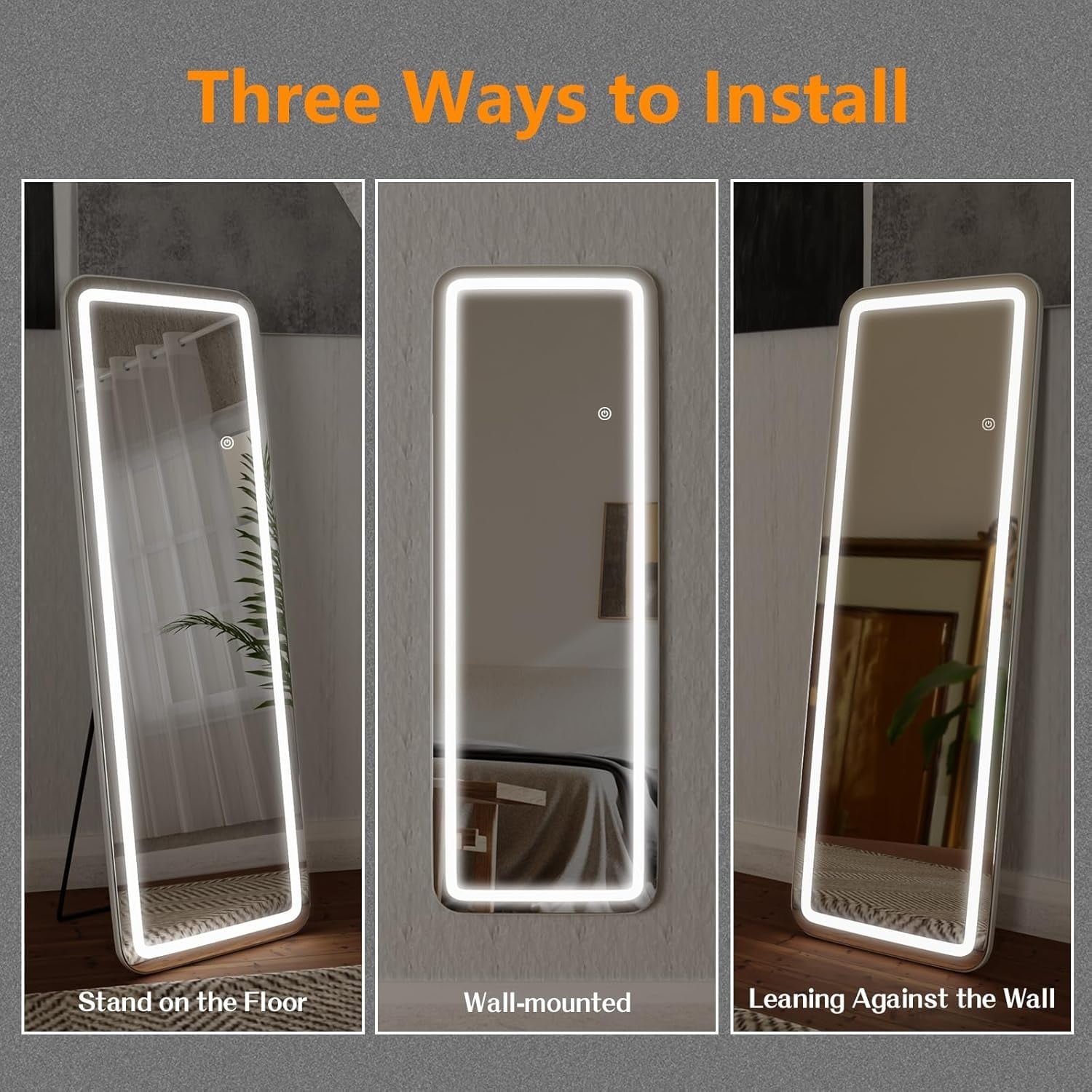 Miroir de sol avec éclairage LED, miroir pleine longueur 64 x 21 avec support, miroir suspendu, miroir mural, miroir intégral
