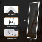 Miroir de sol avec éclairage LED, miroir pleine longueur 64 x 21 avec support, miroir suspendu, miroir mural, miroir intégral