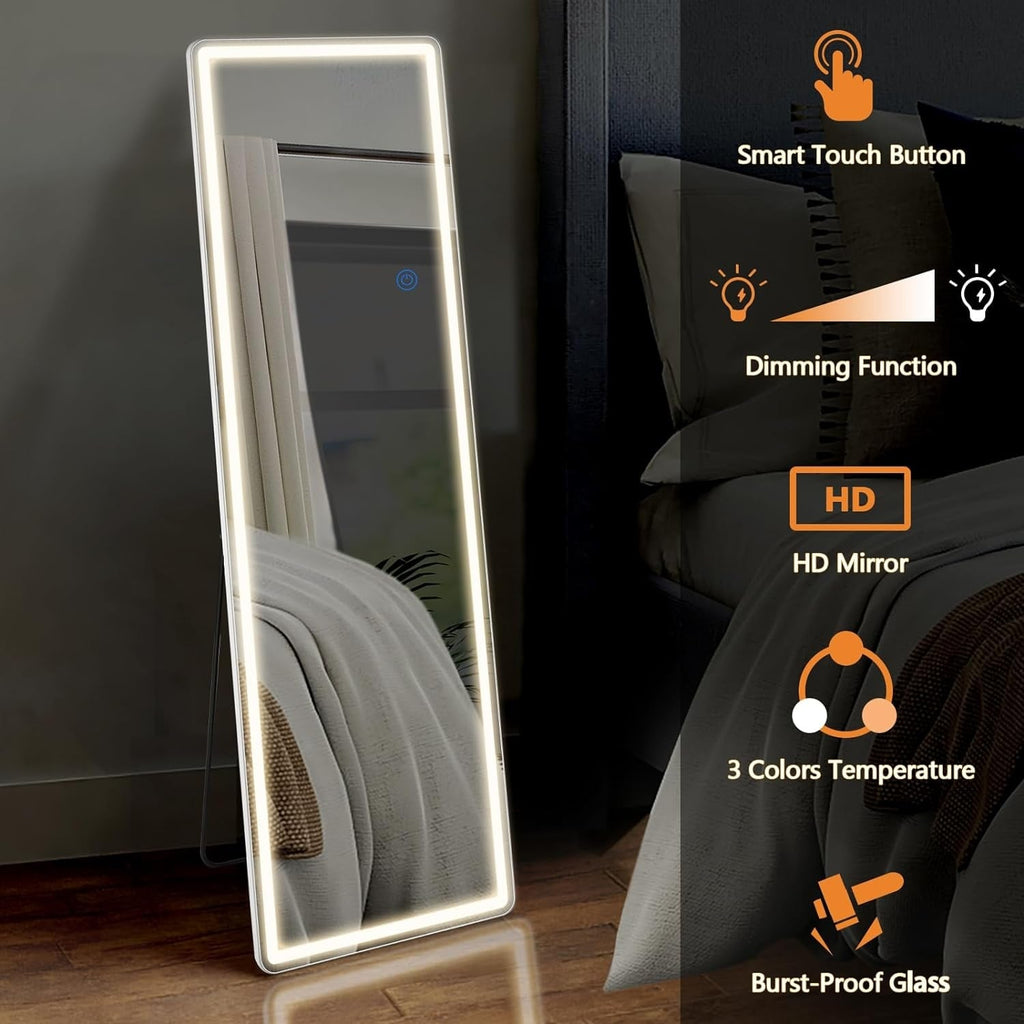 Miroir de sol avec éclairage LED, miroir pleine longueur 64 x 21 avec support, miroir suspendu, miroir mural, miroir intégral