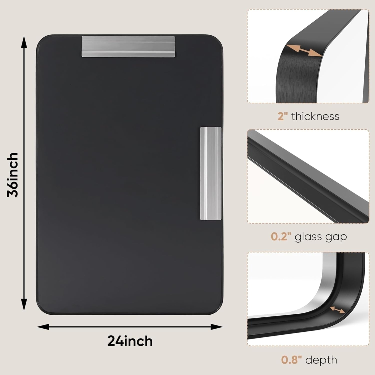 Miroirs de salle de bain rectangulaires arrondis avec cadre en alliage d'aluminium noir, à suspendre au-dessus du lavabo, horizontalement ou verticalement