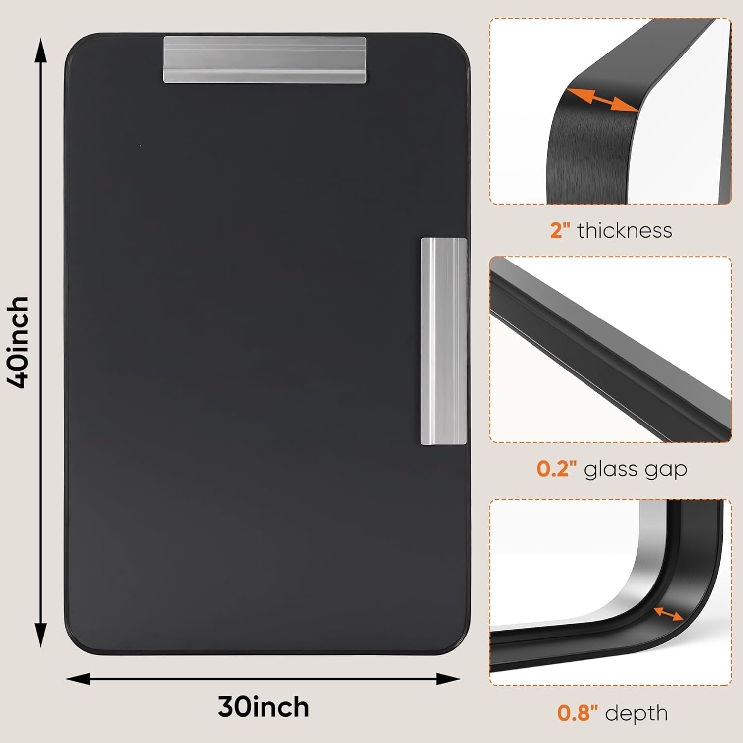Miroirs de salle de bain rectangulaires arrondis avec cadre en alliage d'aluminium noir, à suspendre au-dessus du lavabo, horizontalement ou verticalement