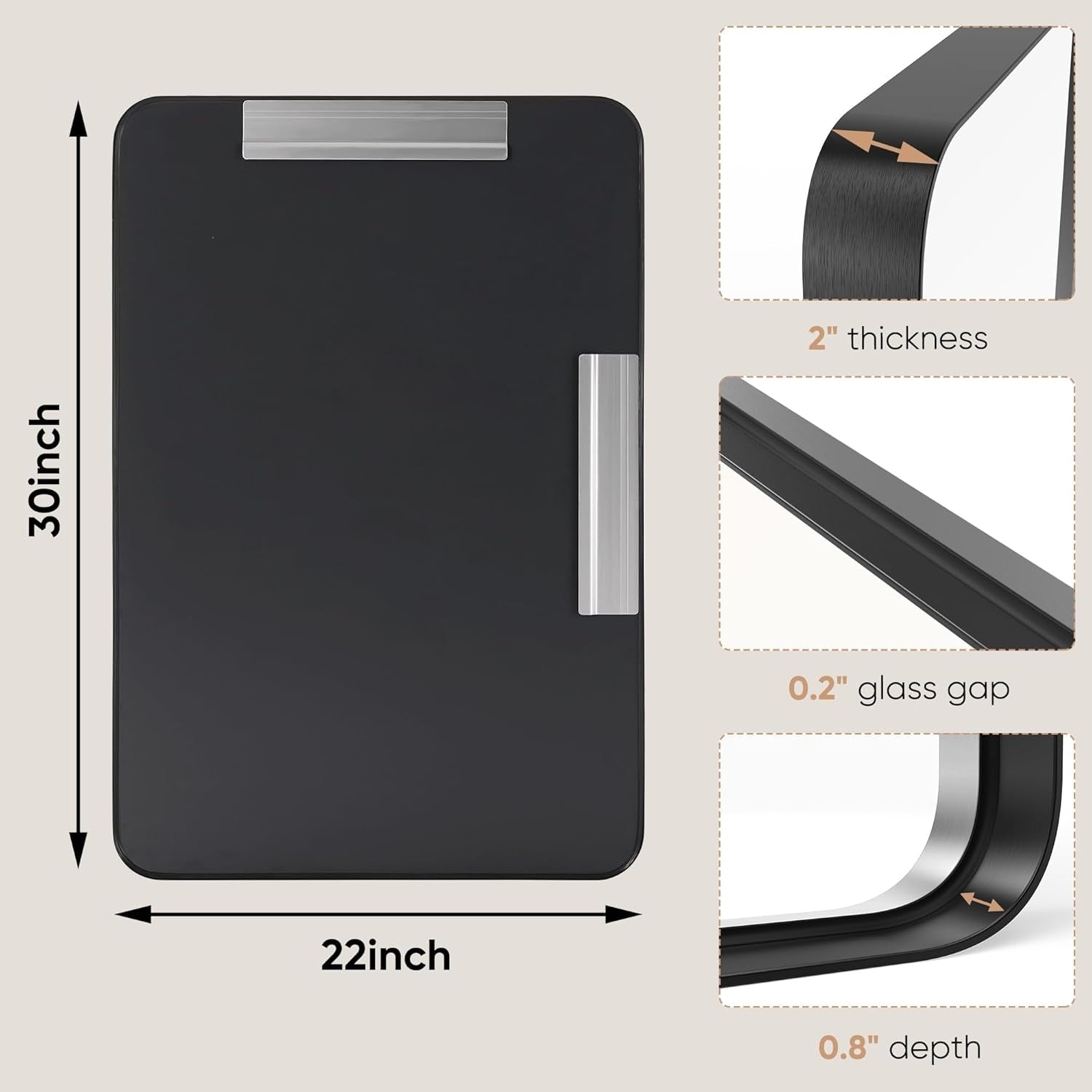 Miroirs de salle de bain rectangulaires arrondis avec cadre en alliage d'aluminium noir, à suspendre au-dessus du lavabo, horizontalement ou verticalement