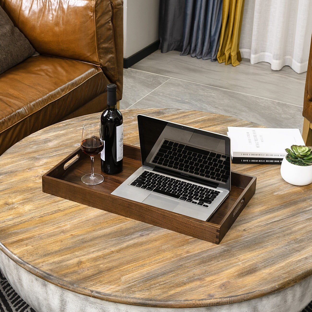 Plateau de service rectangulaire en bois de noyer noir KINWELL, plateau ottoman