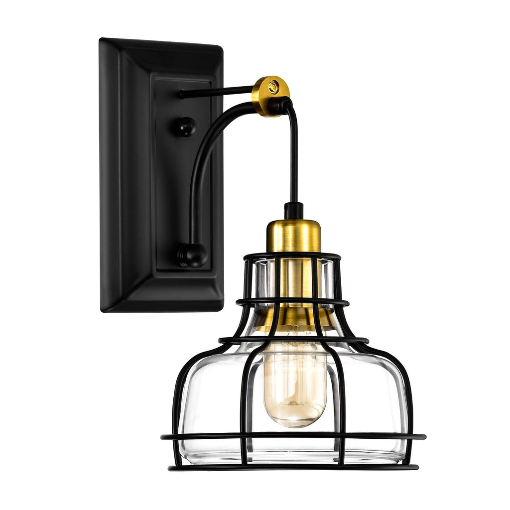 Applique murale d'intérieur noire et or antique à 1 lumière avec verre transparent