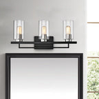 Meuble-lavabo noir et nickel brossé à 3 lumières avec abat-jour en verre biseauté transparent