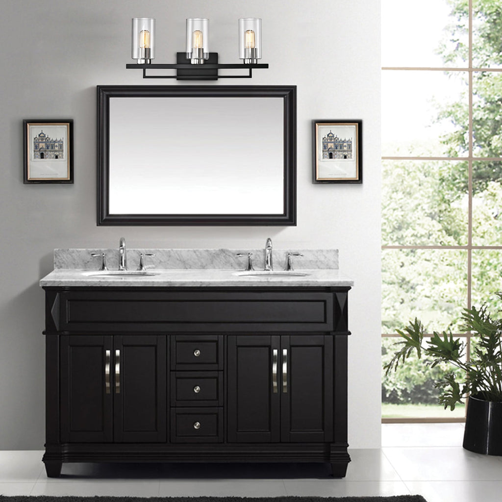 Meuble-lavabo noir et nickel brossé à 3 lumières avec abat-jour en verre biseauté transparent