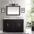 Meuble-lavabo noir et nickel brossé à 3 lumières avec abat-jour en verre biseauté transparent
