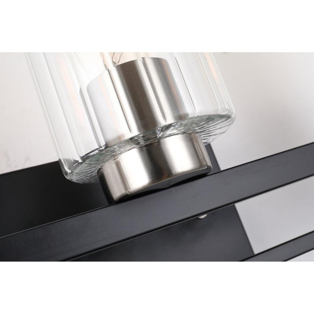Meuble-lavabo noir et nickel brossé à 3 lumières avec abat-jour en verre biseauté transparent