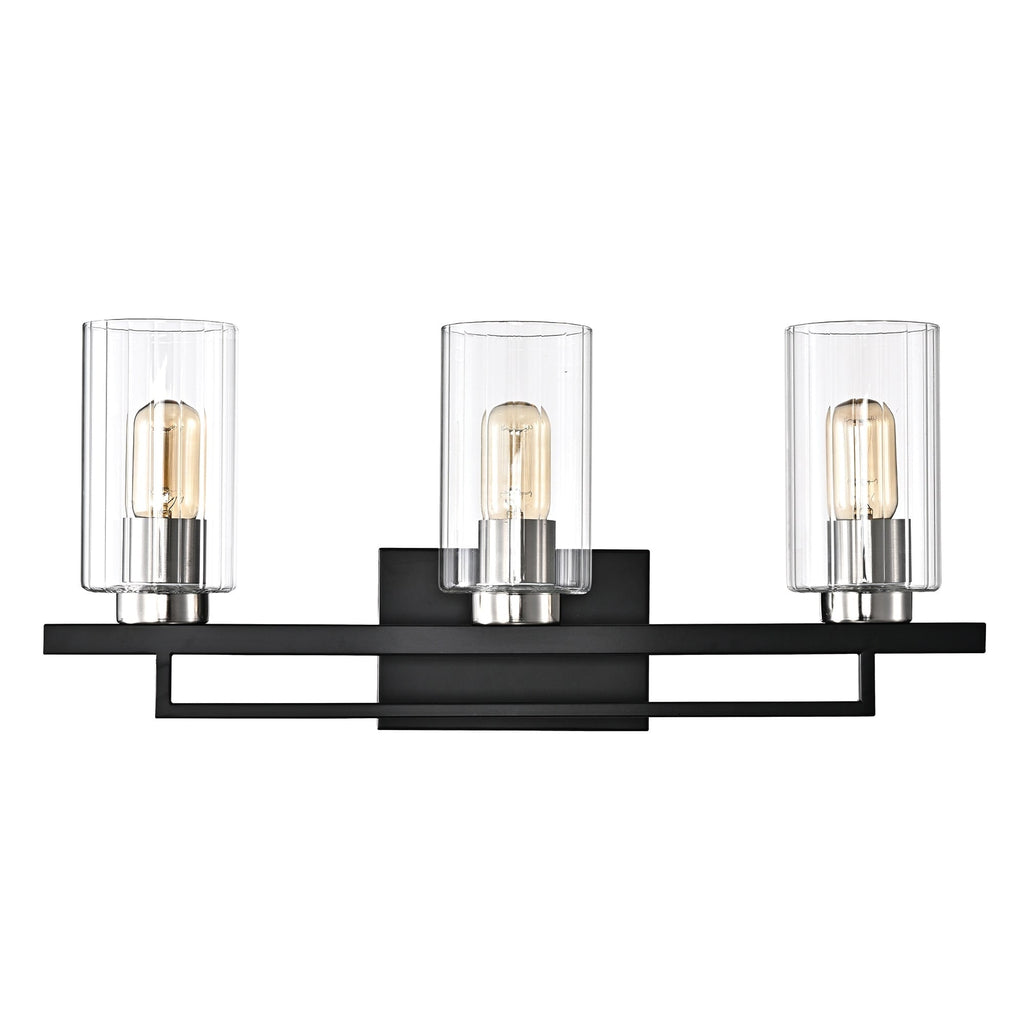 Meuble-lavabo noir et nickel brossé à 3 lumières avec abat-jour en verre biseauté transparent