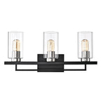 Meuble-lavabo noir et nickel brossé à 3 lumières avec abat-jour en verre biseauté transparent