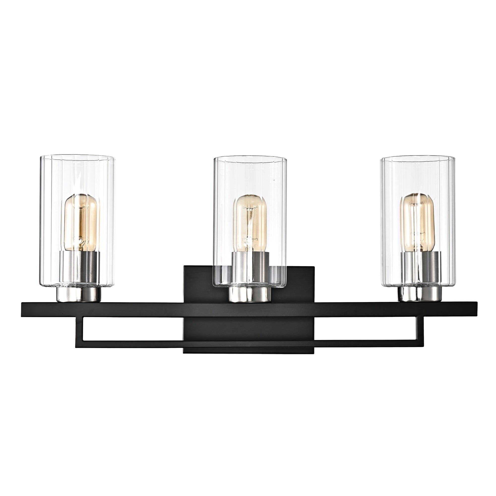 Meuble-lavabo noir et nickel brossé à 3 lumières avec abat-jour en verre biseauté transparent
