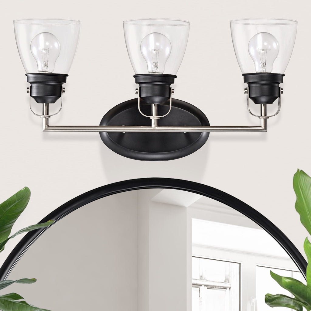 Appliques de vanité supérieures à 3 lumières, noires et nickel brossé, avec abat-jour en verre transparent