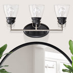 Appliques de vanité supérieures à 3 lumières, noires et nickel brossé, avec abat-jour en verre transparent