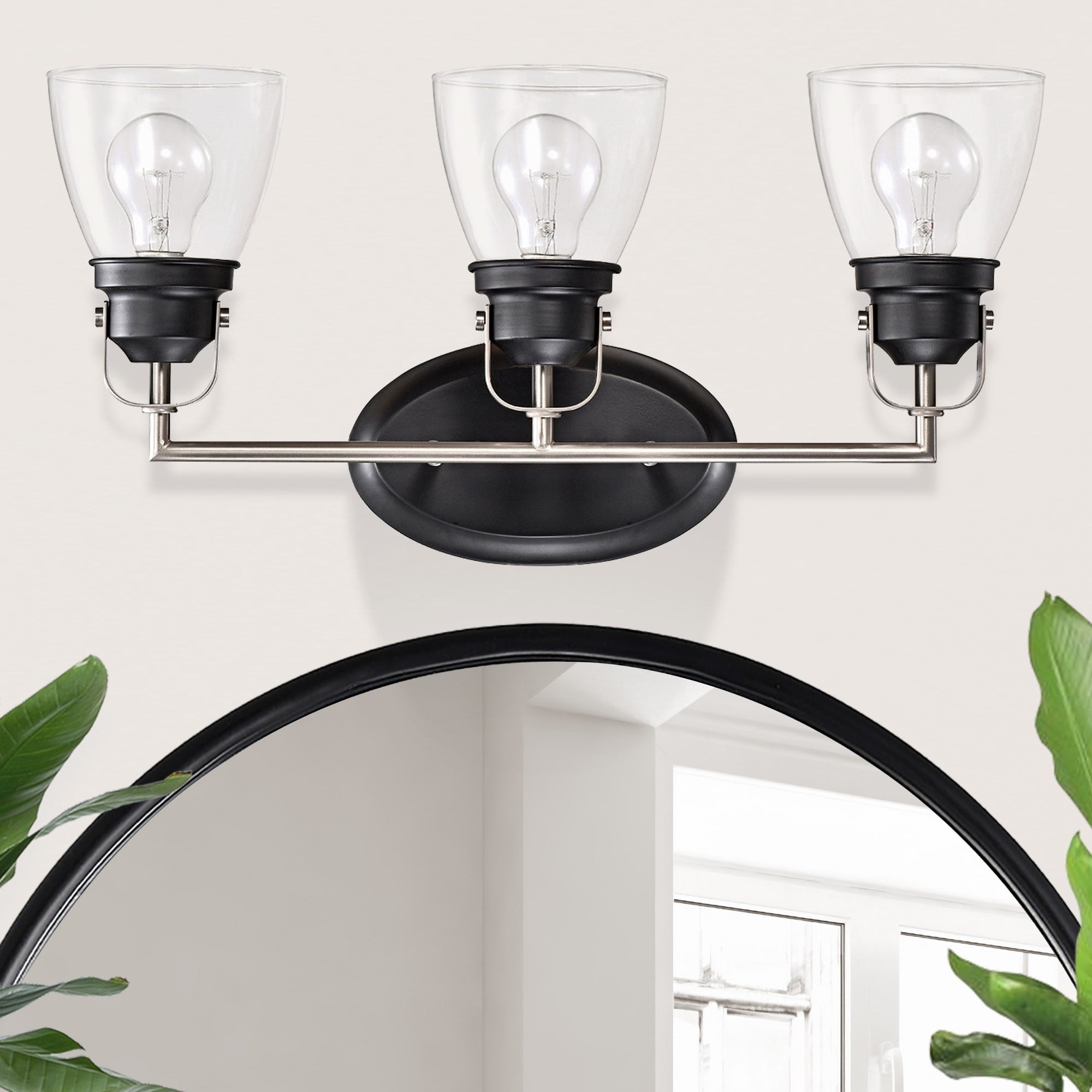 Appliques de vanité supérieures à 3 lumières, noires et nickel brossé, avec abat-jour en verre transparent