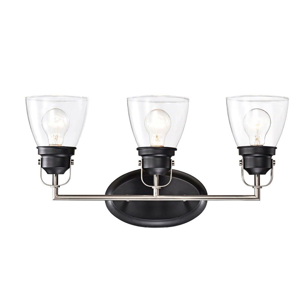 Appliques de vanité supérieures à 3 lumières, noires et nickel brossé, avec abat-jour en verre transparent