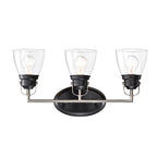Appliques de vanité supérieures à 3 lumières, noires et nickel brossé, avec abat-jour en verre transparent