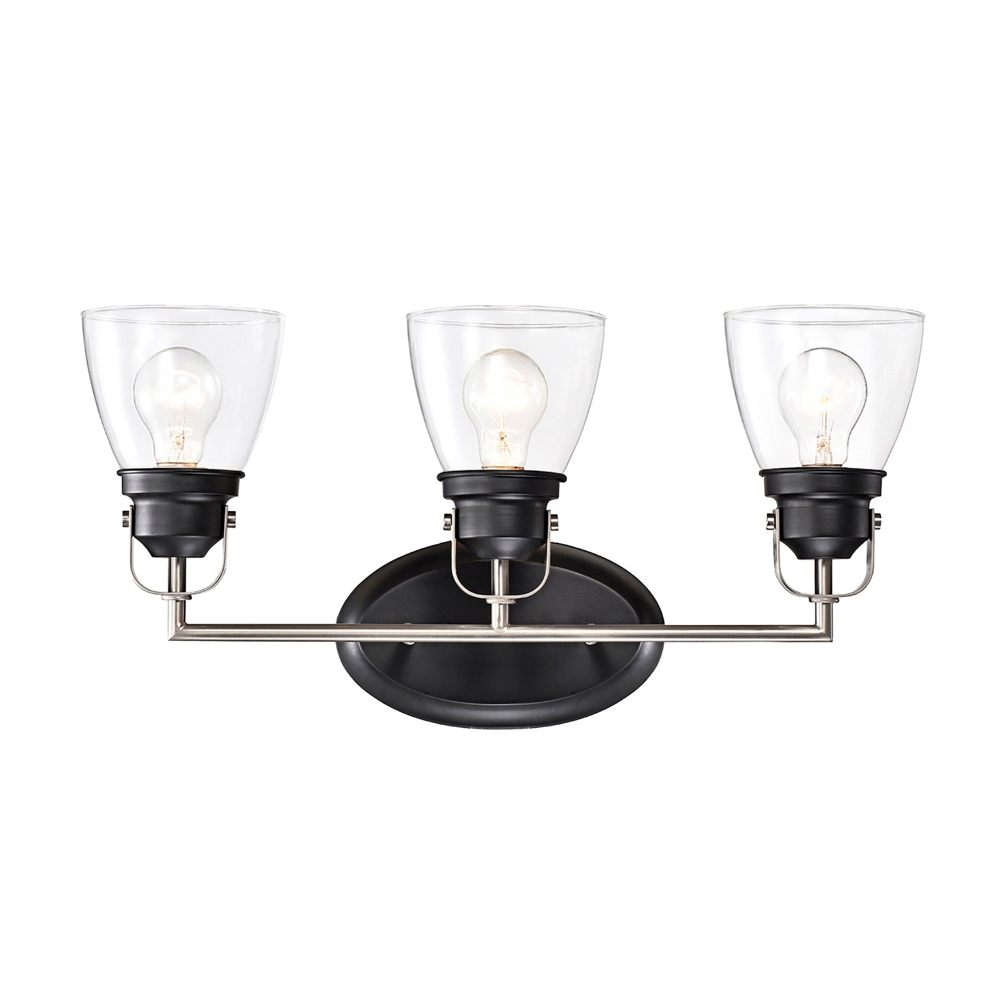 Appliques de vanité supérieures à 3 lumières, noires et nickel brossé, avec abat-jour en verre transparent