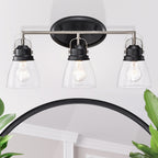 Appliques de vanité supérieures à 3 lumières, noires et nickel brossé, avec abat-jour en verre transparent