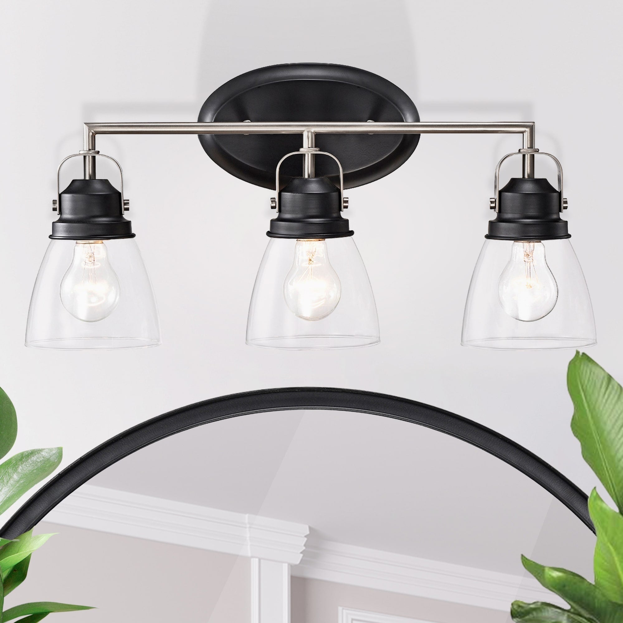 Appliques de vanité supérieures à 3 lumières, noires et nickel brossé, avec abat-jour en verre transparent