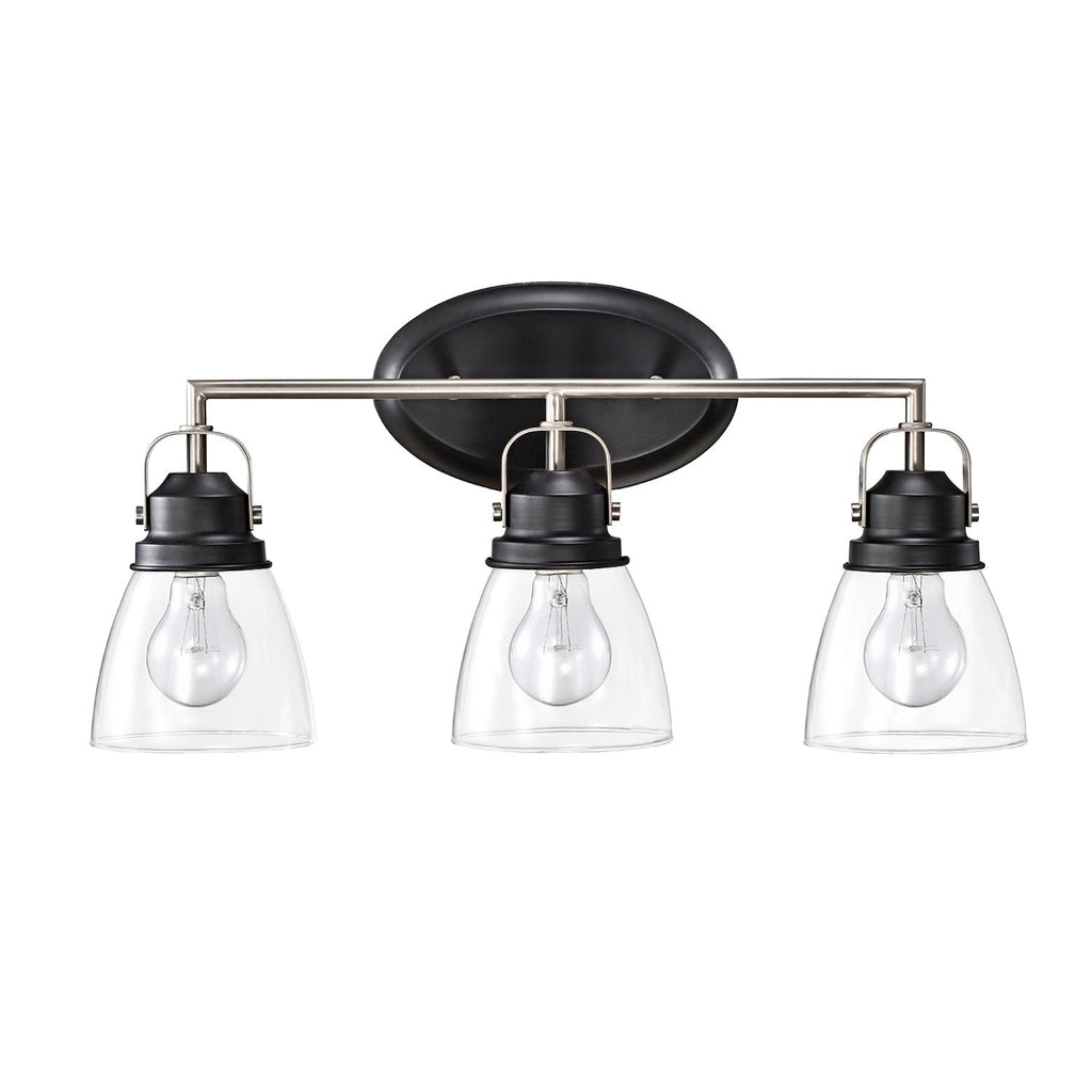 Appliques de vanité supérieures à 3 lumières, noires et nickel brossé, avec abat-jour en verre transparent