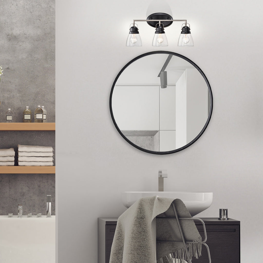 Appliques de vanité supérieures à 3 lumières, noires et nickel brossé, avec abat-jour en verre transparent