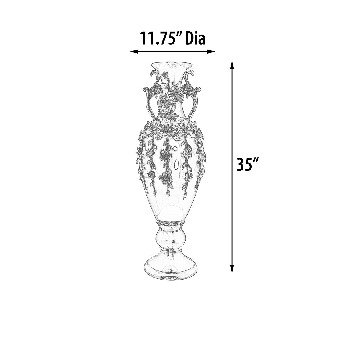 Superbe vase orné de bijoux en forme de fleuron noir et argent, 35 pouces de hauteur