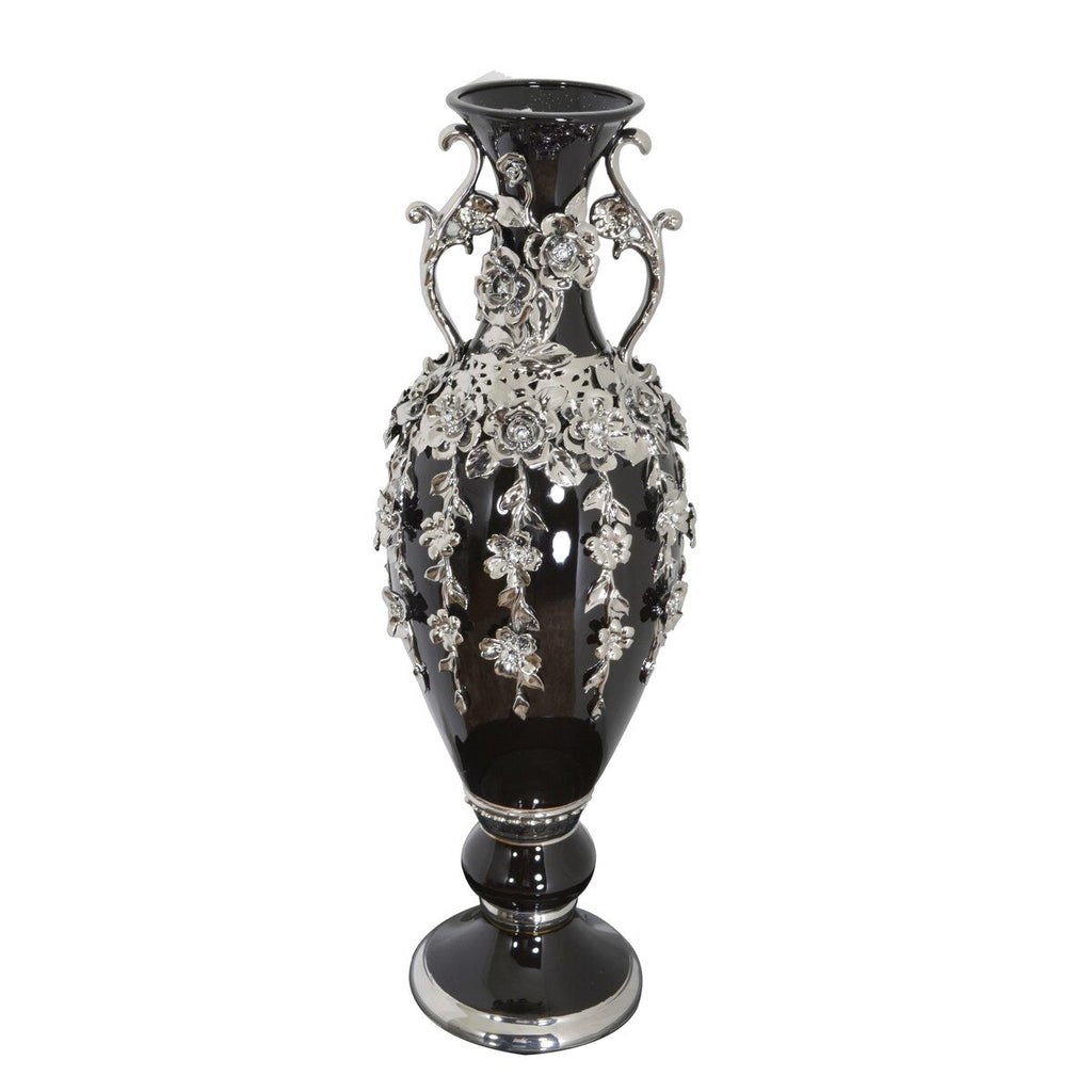 Superbe vase orné de bijoux en forme de fleuron noir et argent, 35 pouces de hauteur
