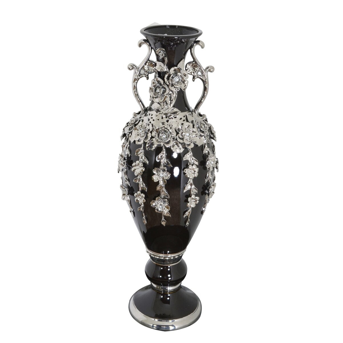 Superbe vase orné de bijoux en forme de fleuron noir et argent, 35 pouces de hauteur