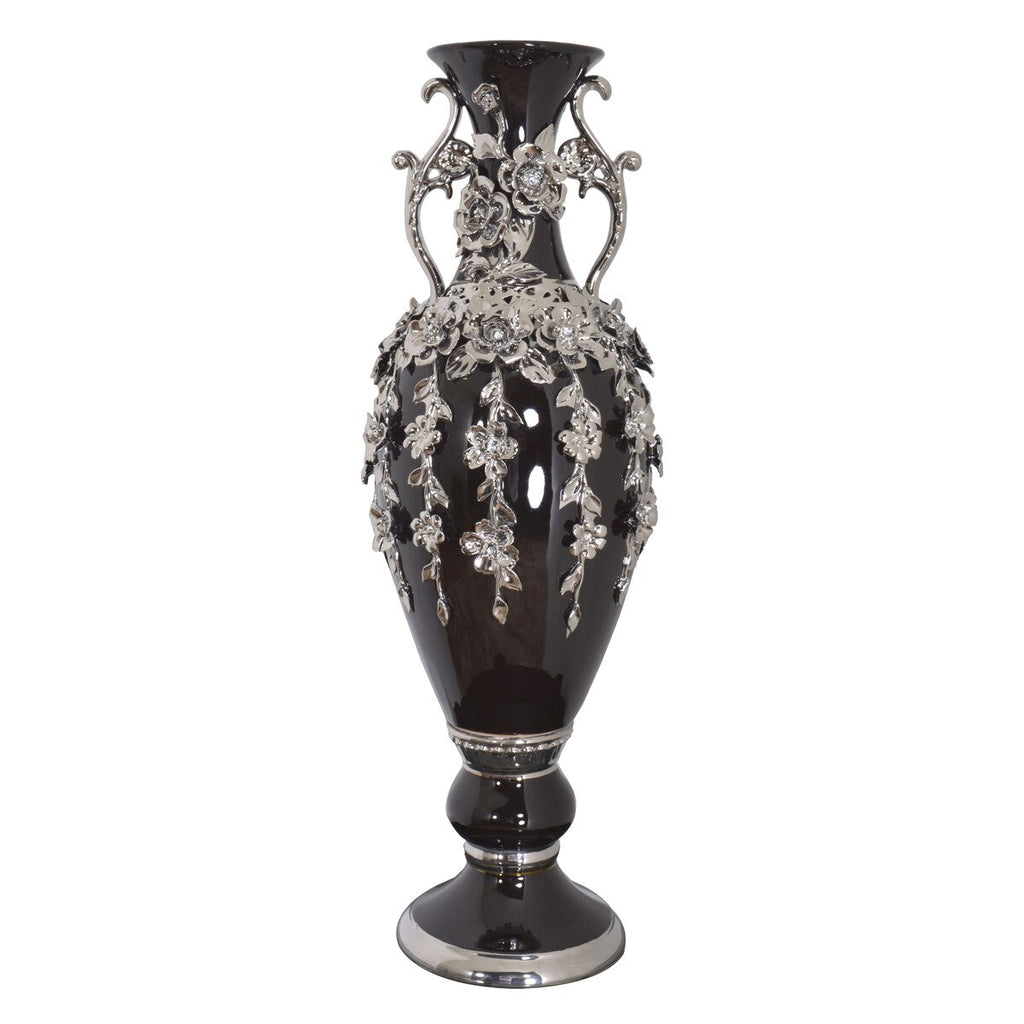 Superbe vase orné de bijoux en forme de fleuron noir et argent, 35 pouces de hauteur