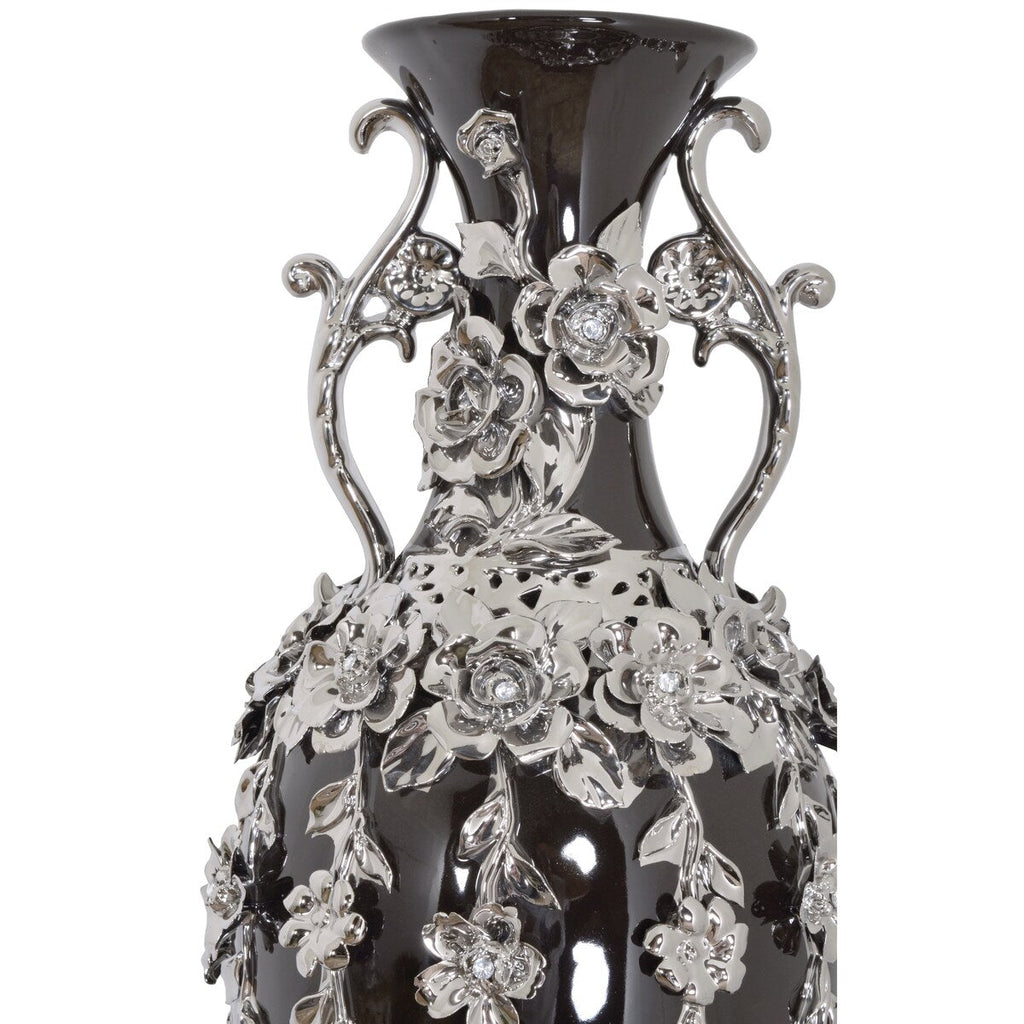 Superbe vase orné de bijoux en forme de fleuron noir et argent, 35 pouces de hauteur