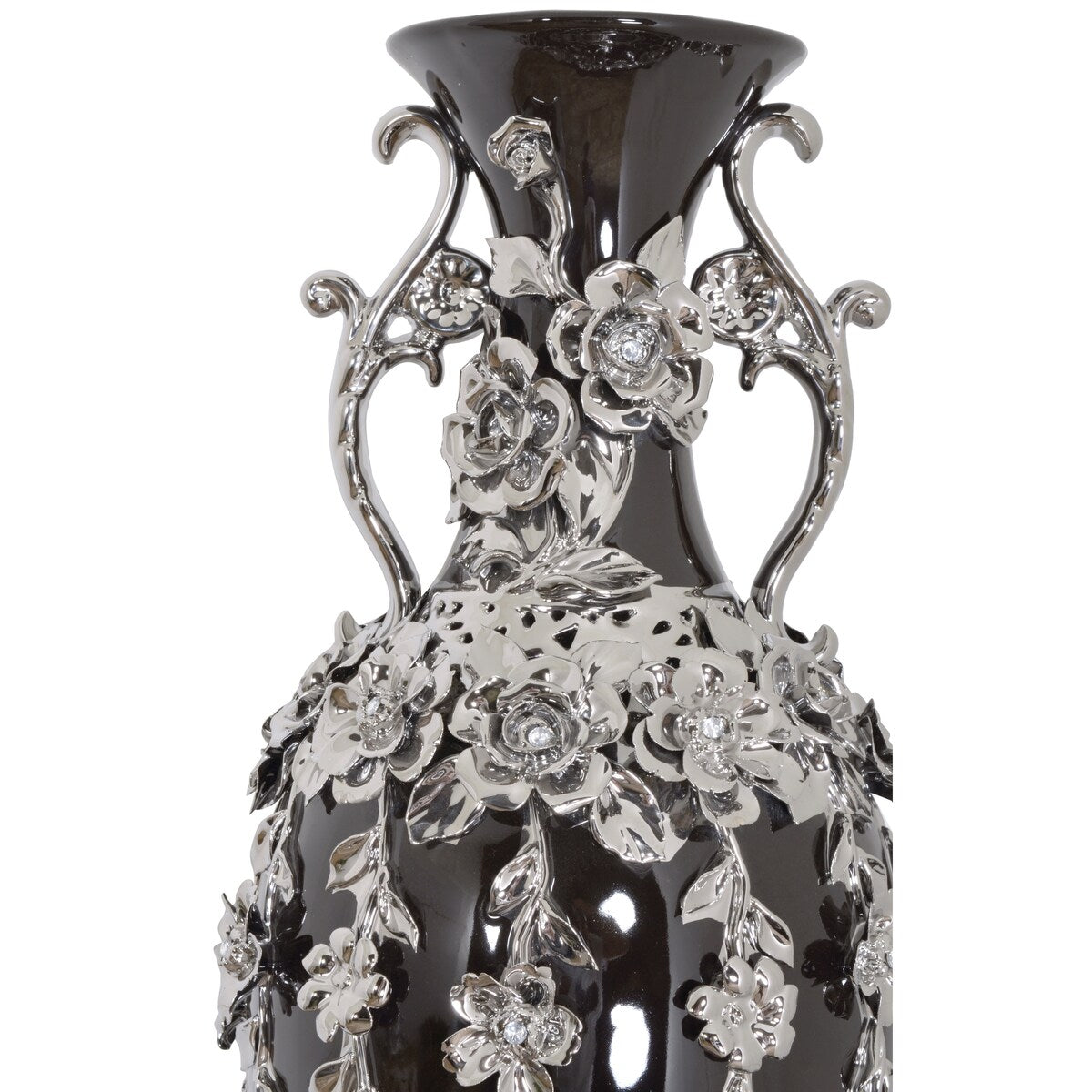 Superbe vase orné de bijoux en forme de fleuron noir et argent, 35 pouces de hauteur