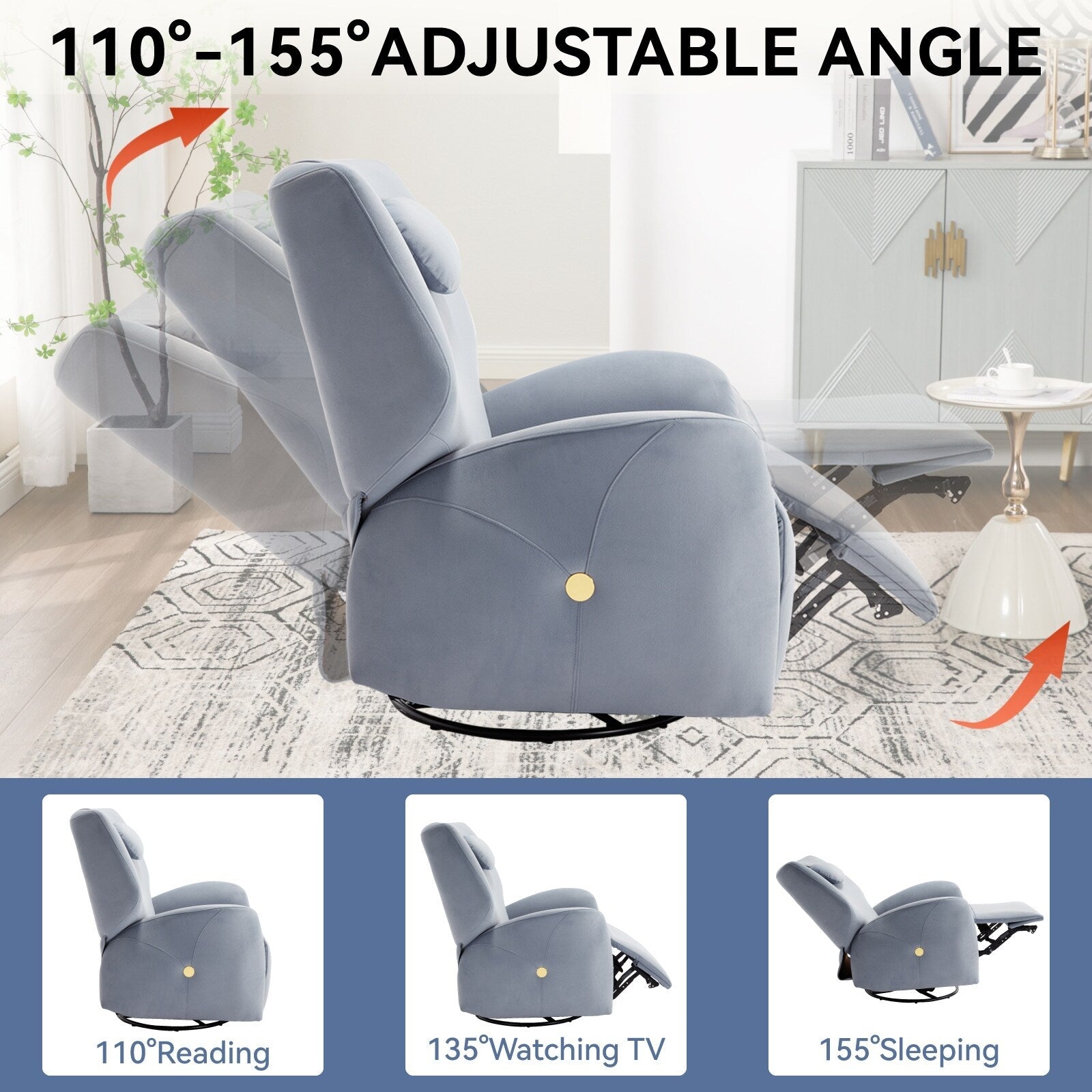 Fauteuil inclinable électrique pivotant à 270° bleu avec appui-tête, ports USB et Type-C et repose-pieds réglable
