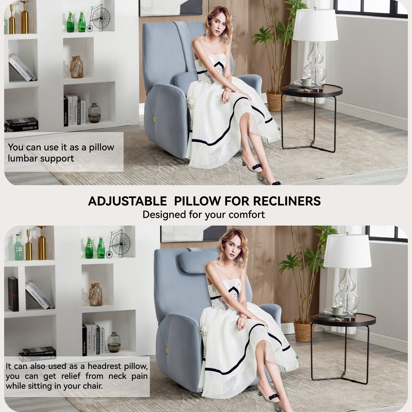Fauteuil inclinable électrique pivotant à 270° bleu avec appui-tête, ports USB et Type-C et repose-pieds réglable