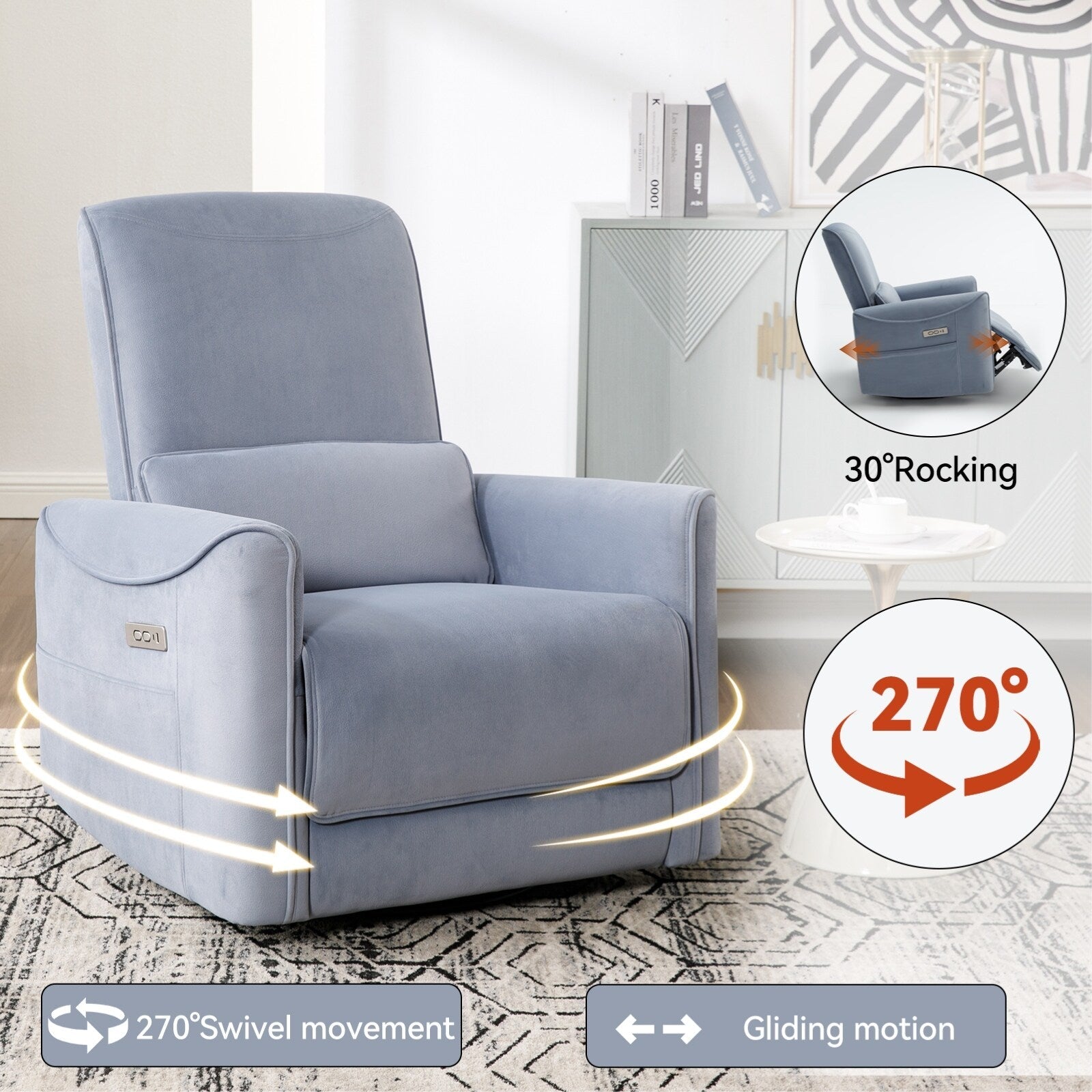 Fauteuil inclinable électrique pivotant à 270° bleu avec coussins lombaires, 2 poches latérales, ports USB et Type-C