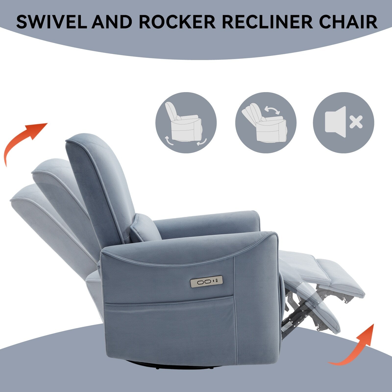 Fauteuil inclinable électrique pivotant à 270° bleu avec coussins lombaires, 2 poches latérales, ports USB et Type-C