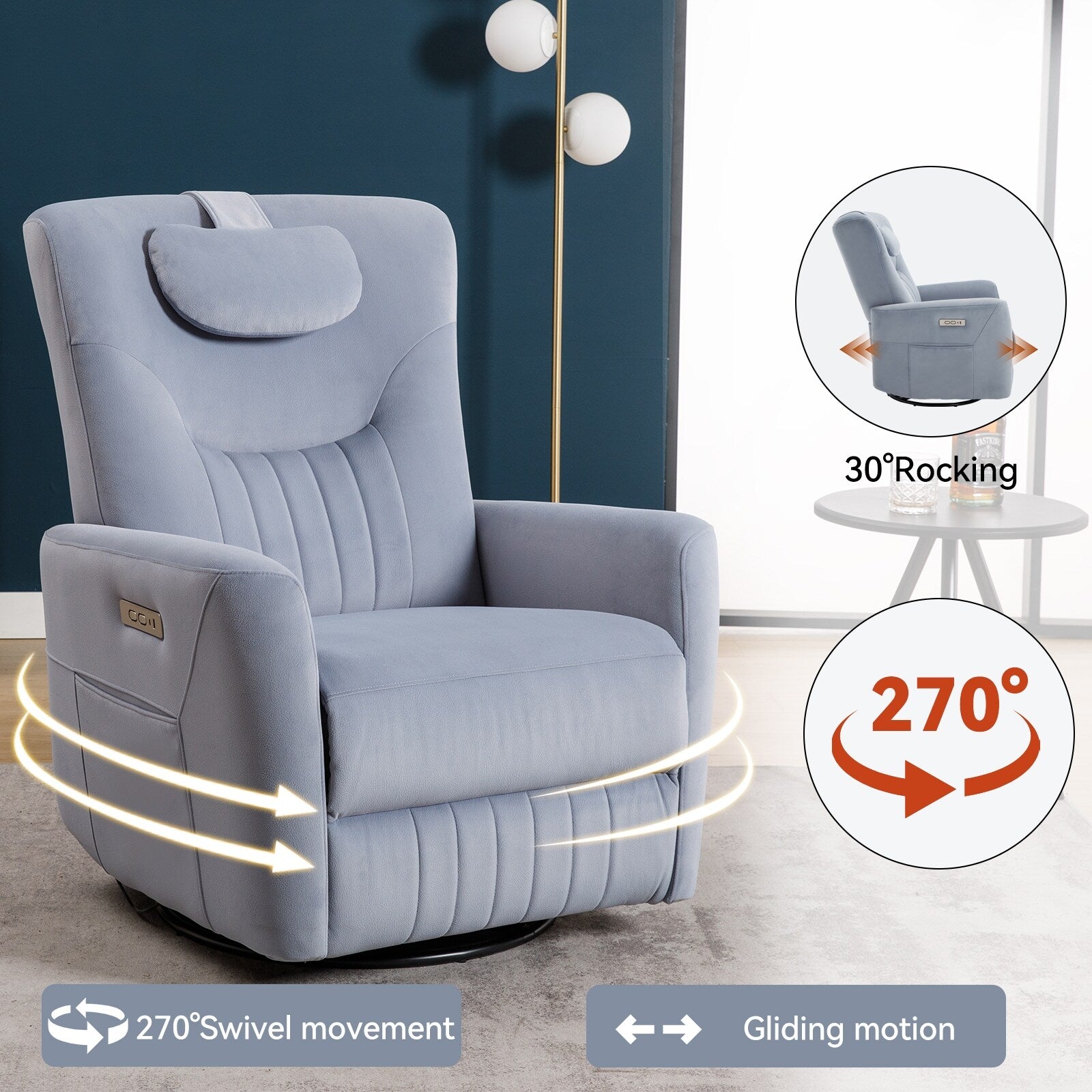 Fauteuil inclinable électrique pivotant à 270° bleu avec support lombaire et pour la tête, 2 poches latérales, ports USB et Type-C