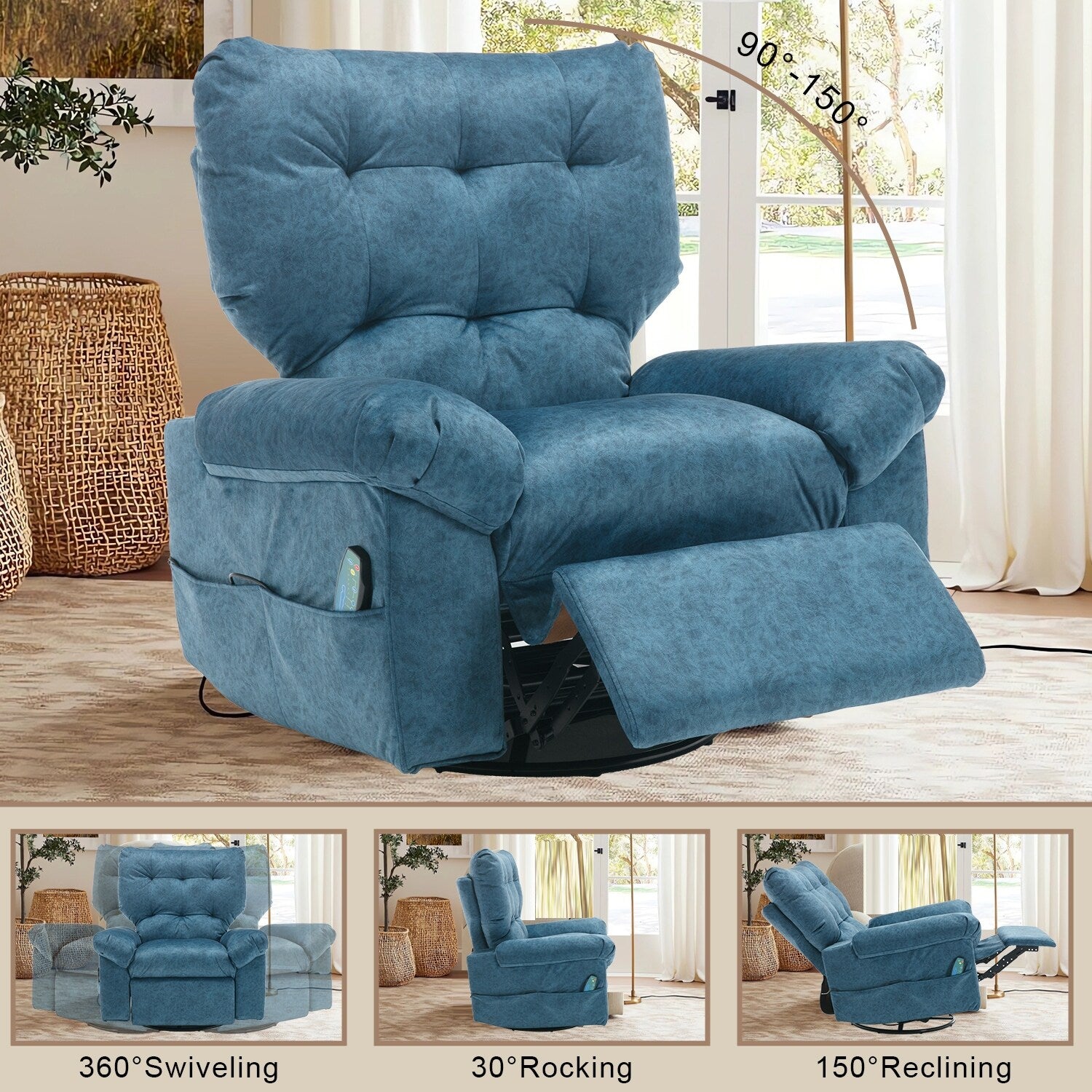 Fauteuil inclinable pivotant à 360° bleu avec massage par vibration, chauffage lombaire et poches latérales