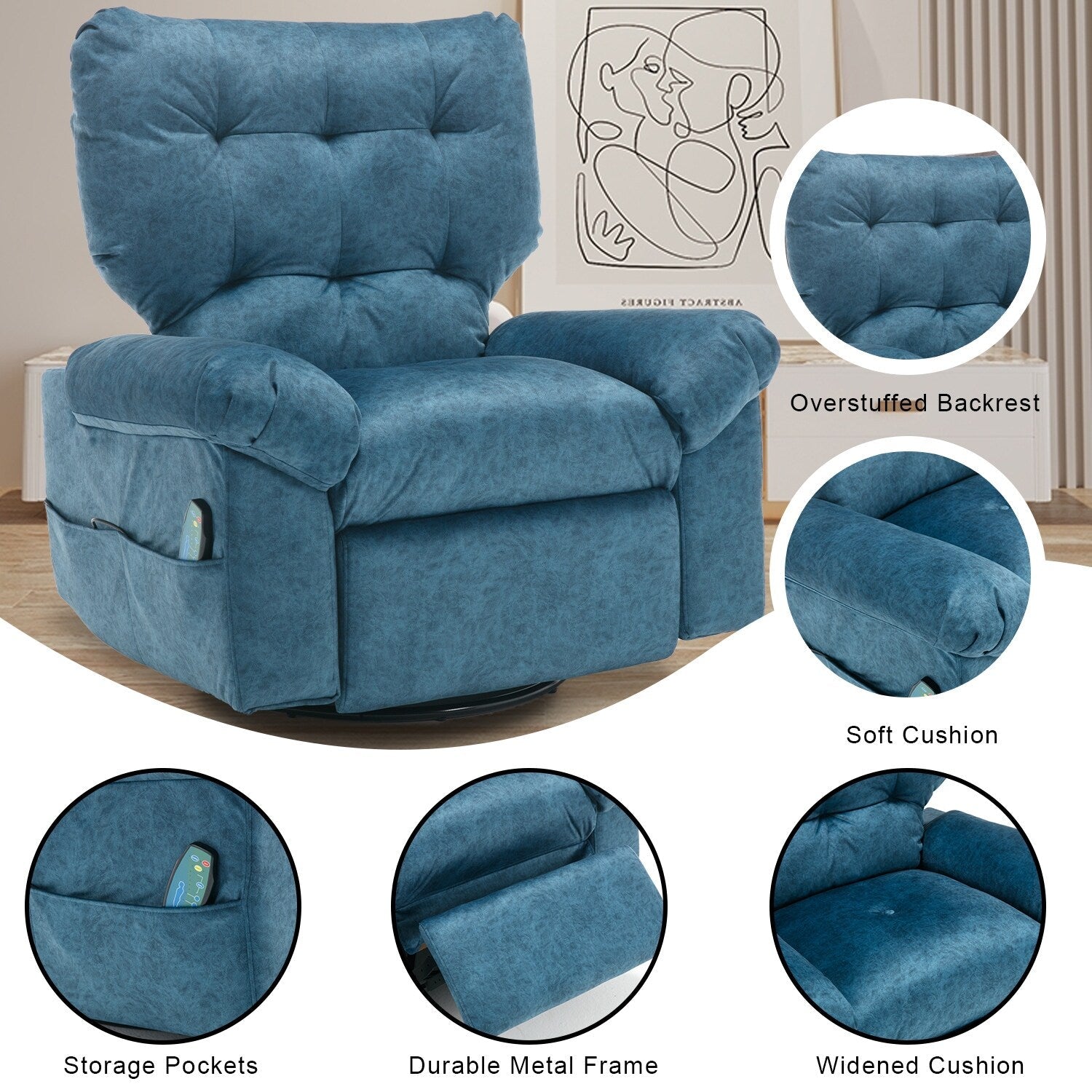 Fauteuil inclinable pivotant à 360° bleu avec massage par vibration, chauffage lombaire et poches latérales