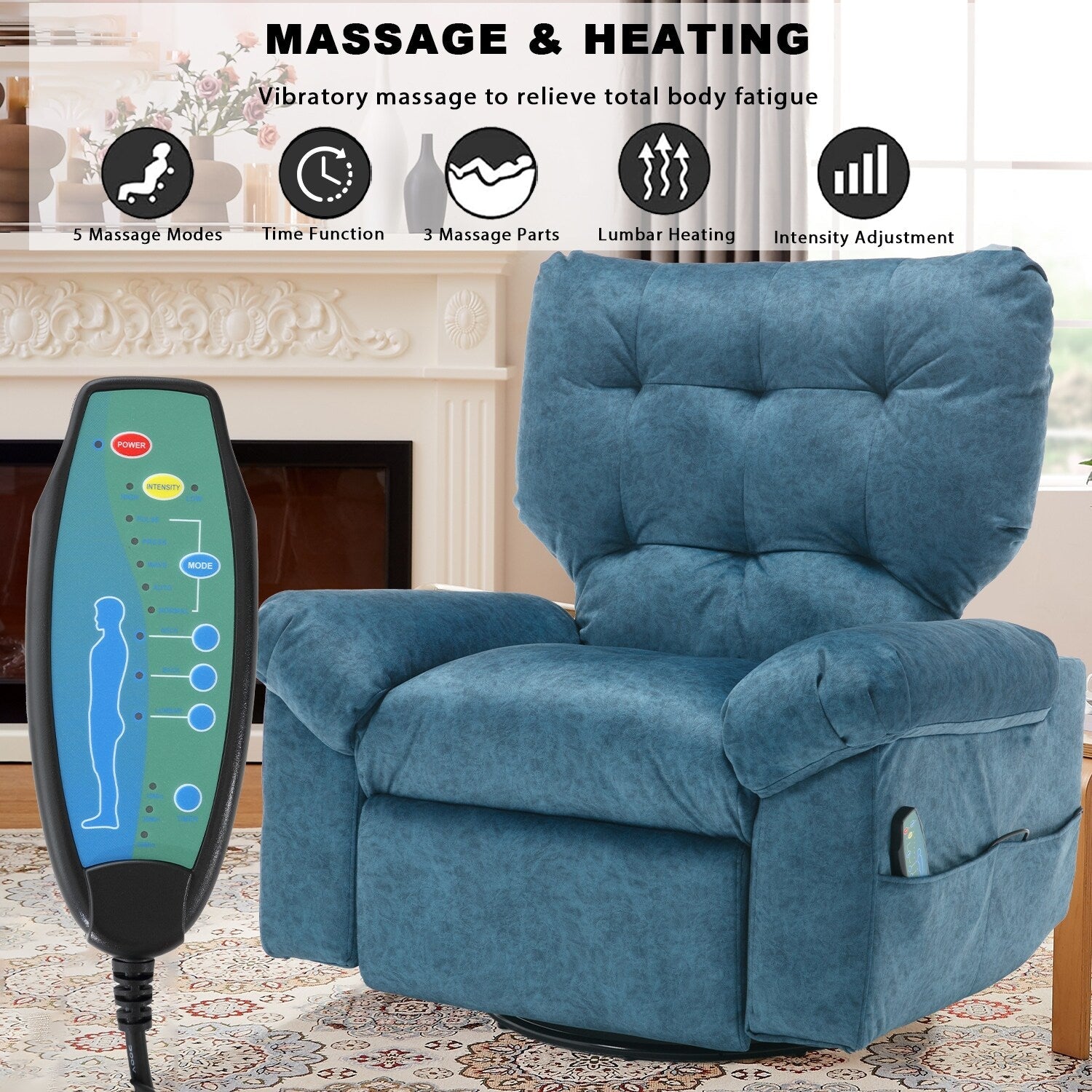 Fauteuil inclinable pivotant à 360° bleu avec massage par vibration, chauffage lombaire et poches latérales