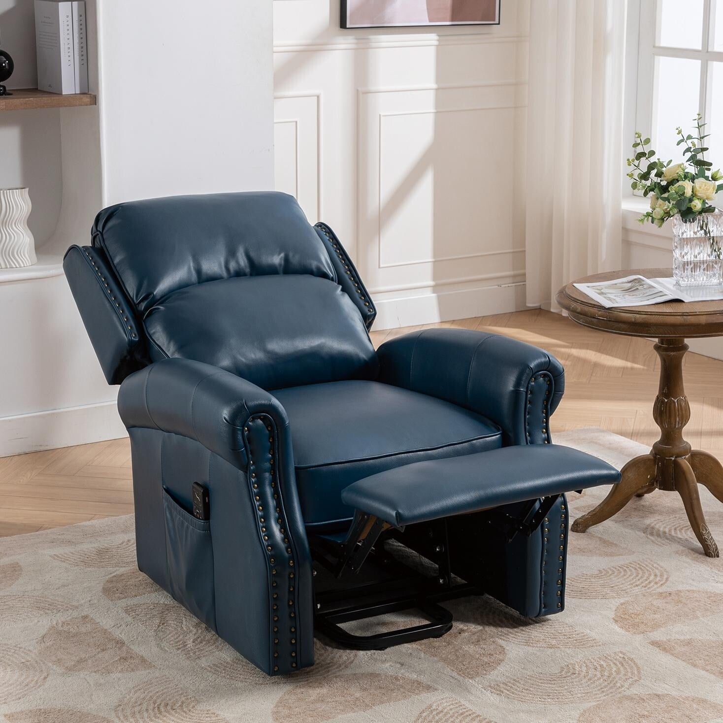 Fauteuil inclinable électrique bleu avec massage 8 points, chauffage, gravité zéro, ports USB et poche de rangement