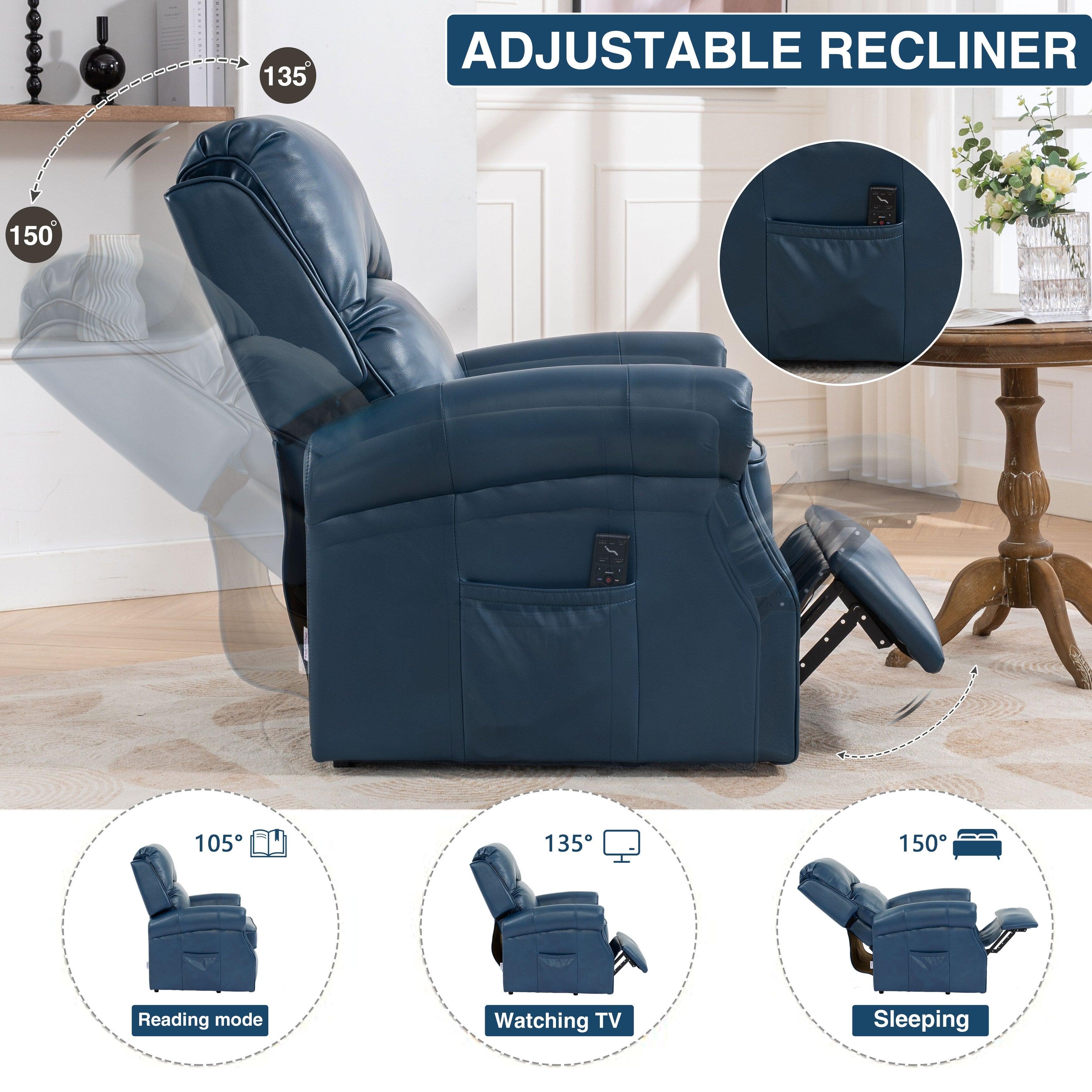 Fauteuil inclinable électrique bleu avec massage 8 points, chauffage, gravité zéro, ports USB et poche de rangement