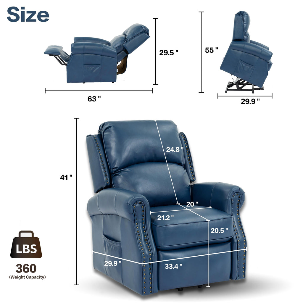 Fauteuil inclinable électrique bleu avec massage 8 points, chauffage, gravité zéro, ports USB et poche de rangement