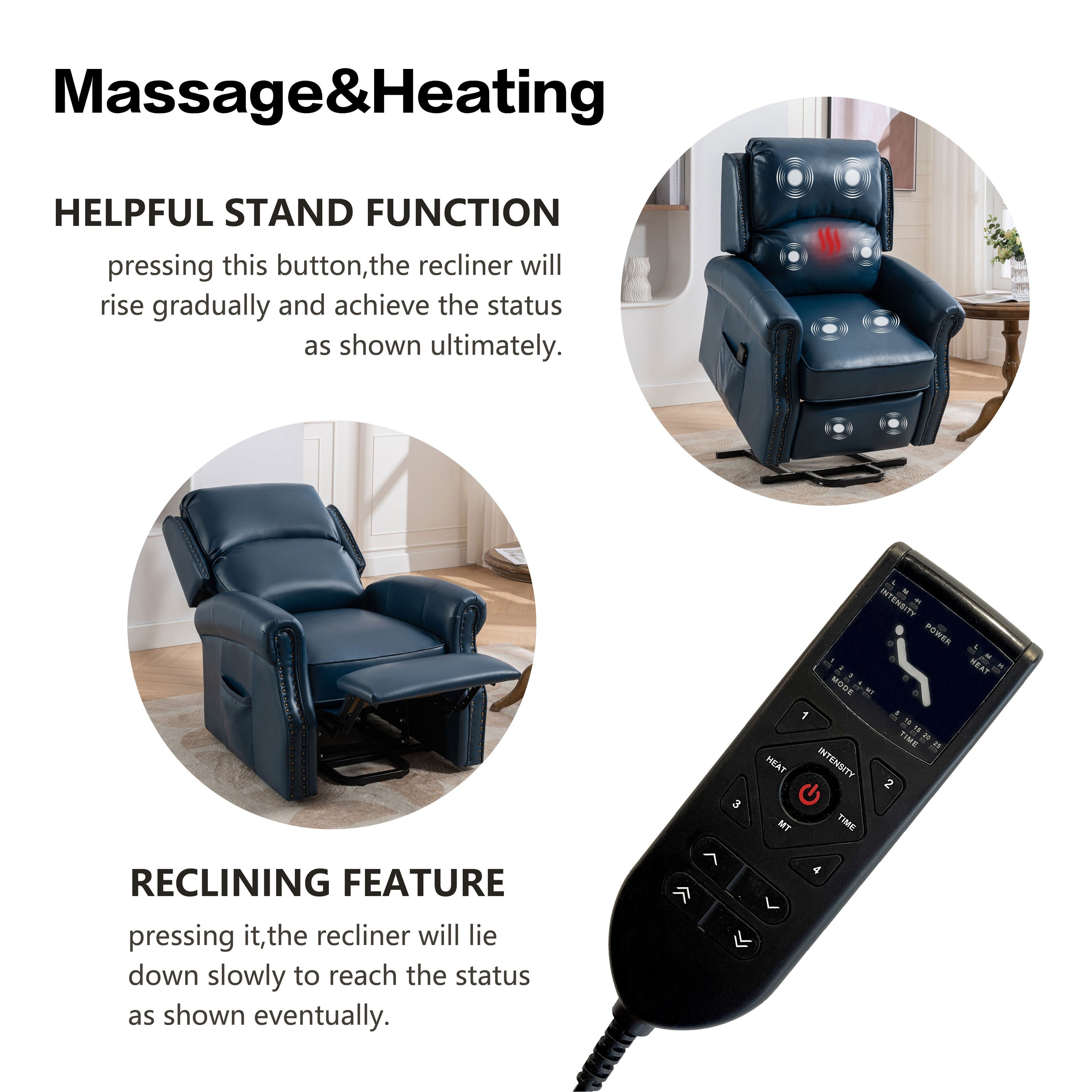 Fauteuil inclinable électrique bleu avec massage 8 points, chauffage, gravité zéro, ports USB et poche de rangement