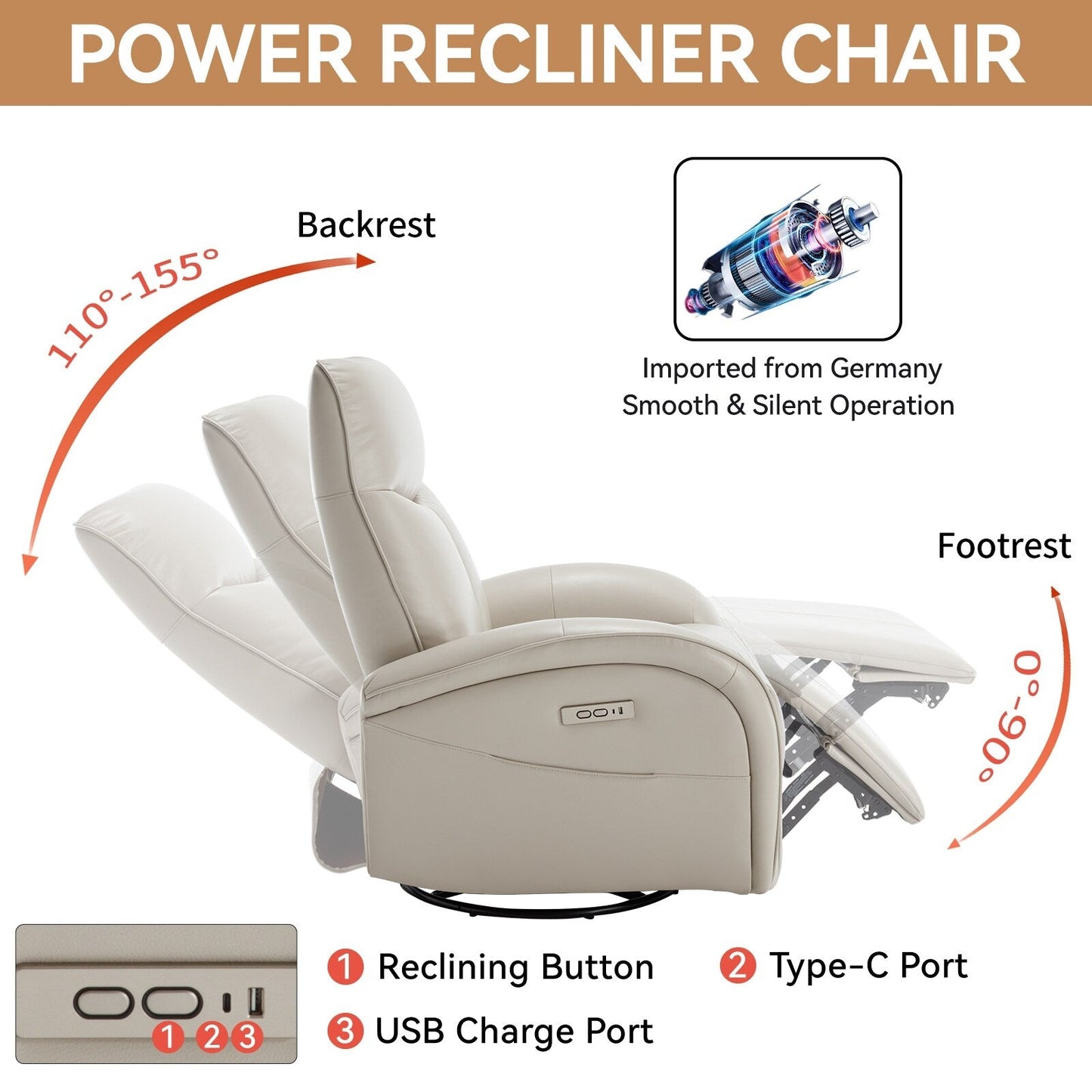 Fauteuil inclinable électrique en cuir véritable bleu avec pivot et chargement USB