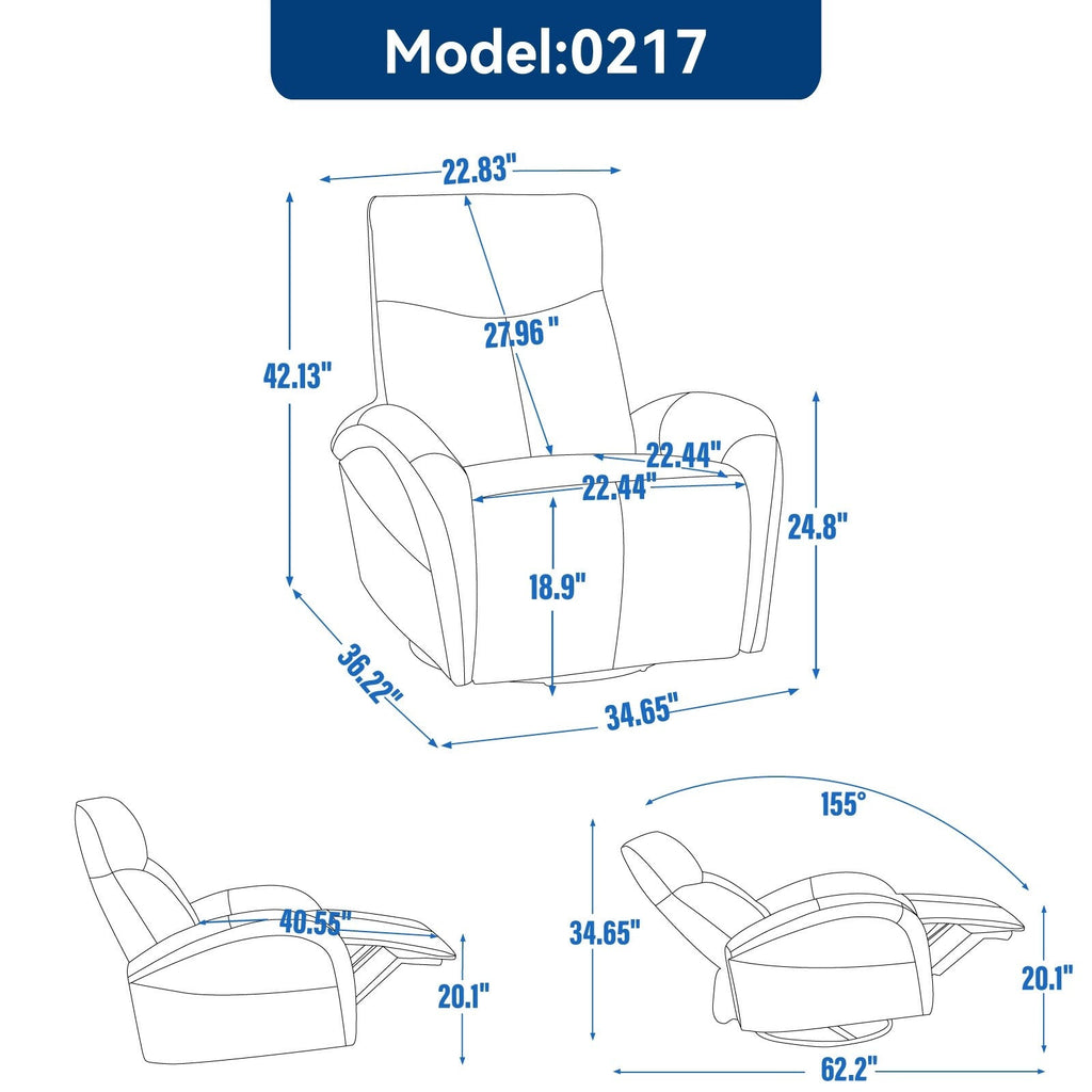 Fauteuil inclinable électrique en cuir véritable bleu avec pivot et chargement USB