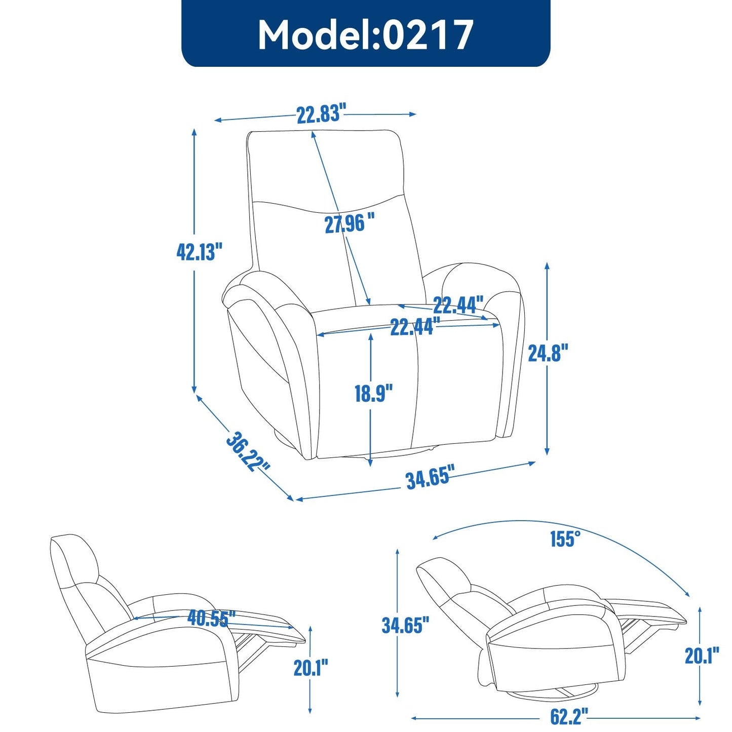 Fauteuil inclinable électrique en cuir véritable bleu avec pivot et chargement USB